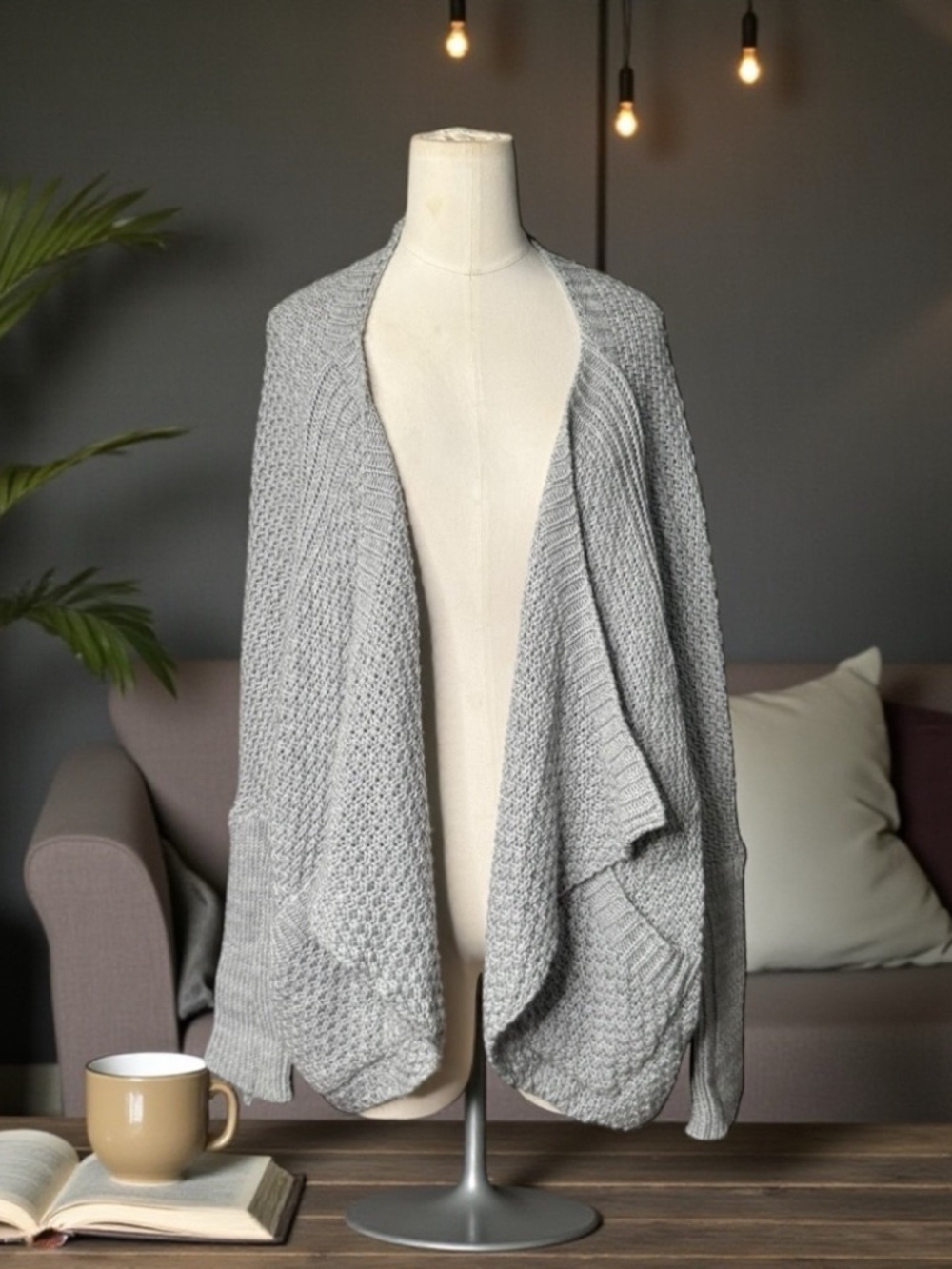 Makadamia Oversized Knit Cardigan One Size | Gray Open Front Cozy Drape Sweater